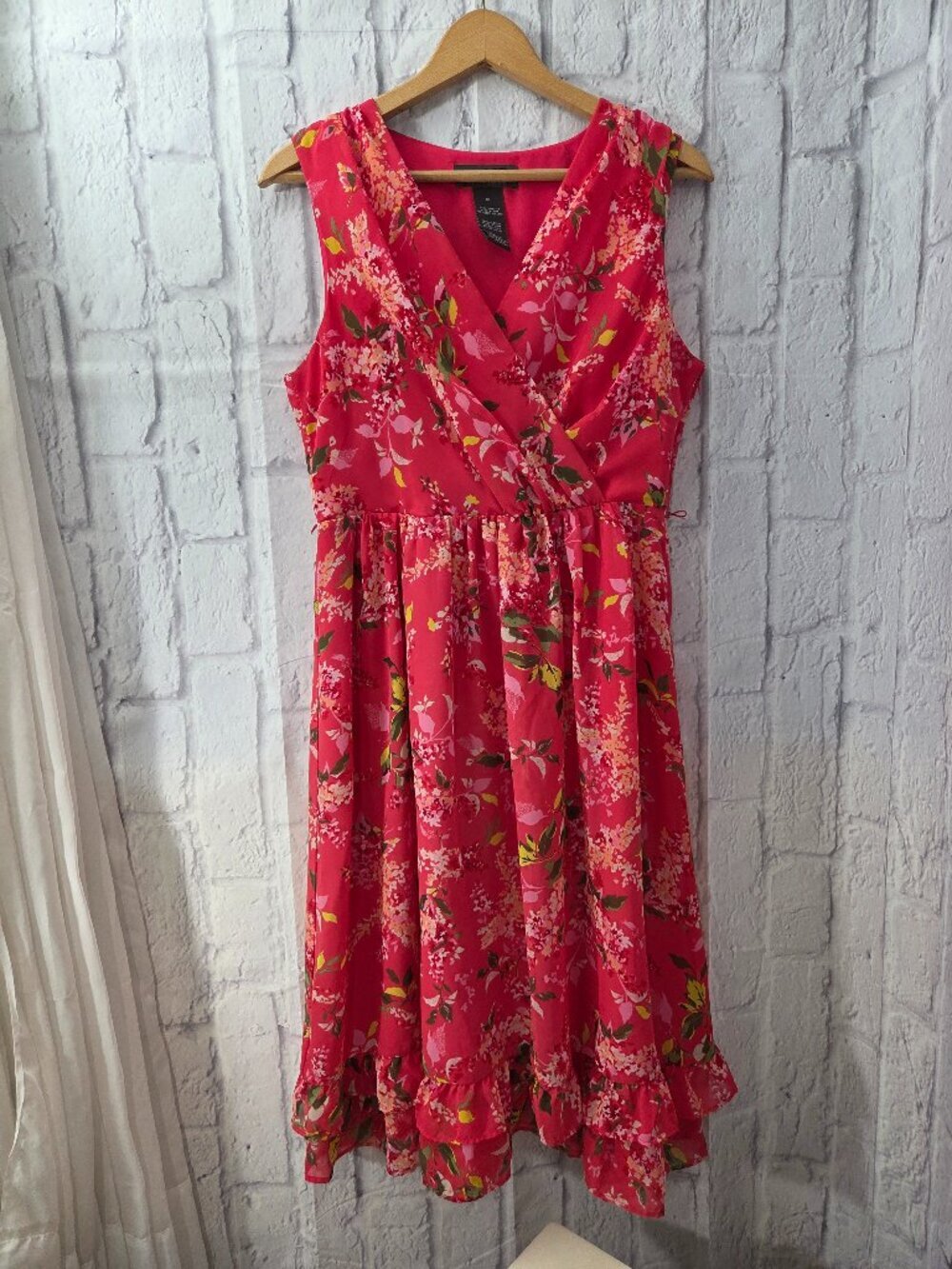 George Size 10 Pink Floral Sleeveless Ruffle Faux Wrap Dressy Summer Dress (Flaw